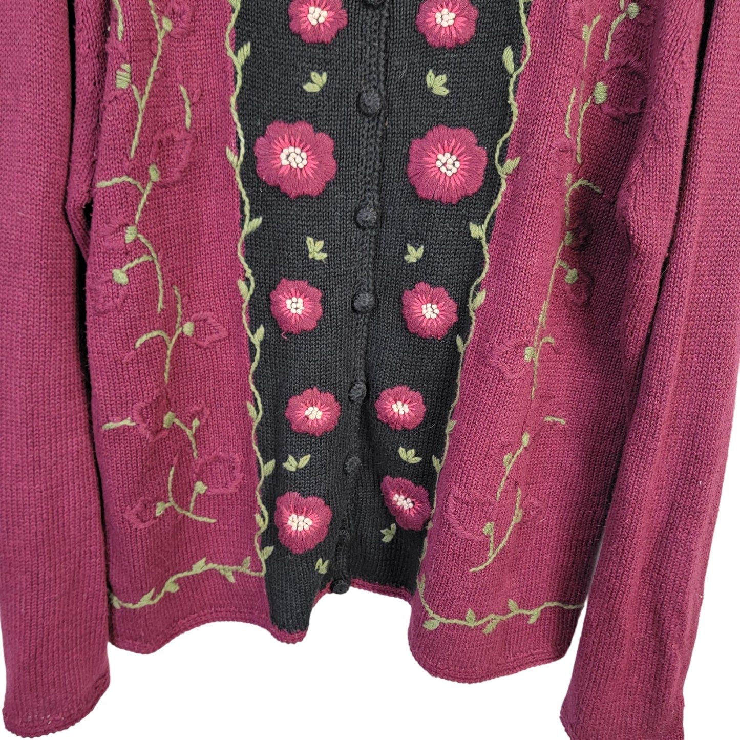 Vintage 90s Embroidered Floral Cardigan Sweater Women Large Burgundy Black