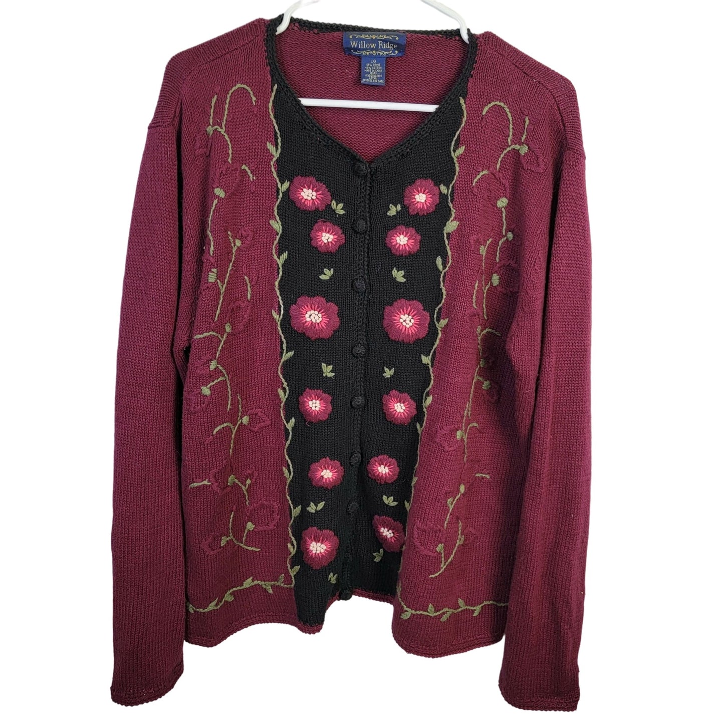 Vintage 90s Embroidered Floral Cardigan Sweater Women Large Burgundy Black