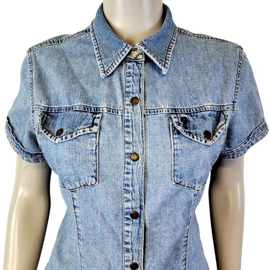Guess Jeans Vintage 90s Denim Shirt Women Large 12 Short Sleeve Button Collar L
