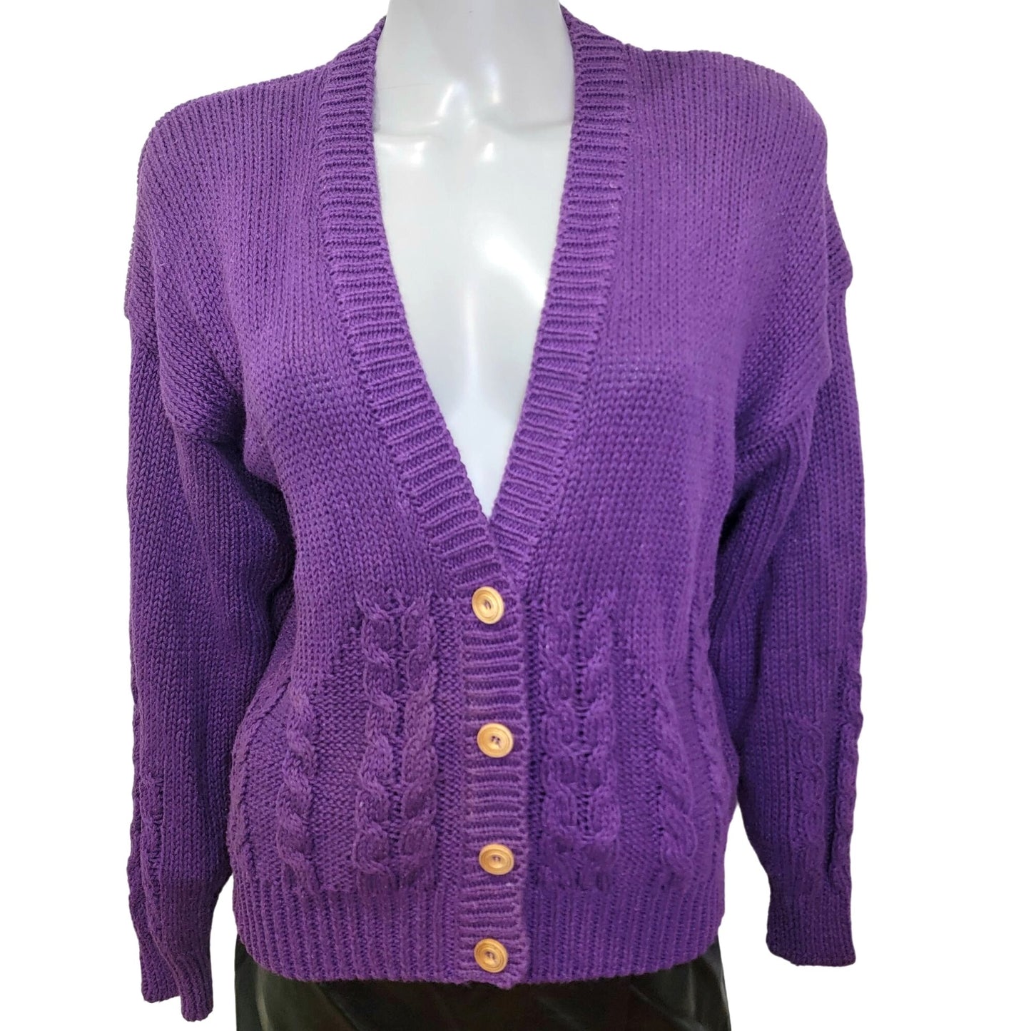 Vintage 80s Cardigan Sweater Women Large Purple