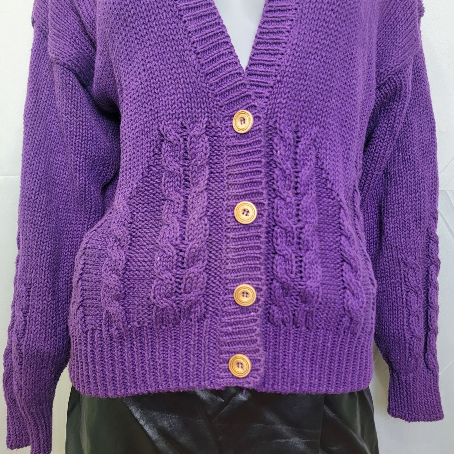 Vintage 80s Cardigan Sweater Women Large Purple