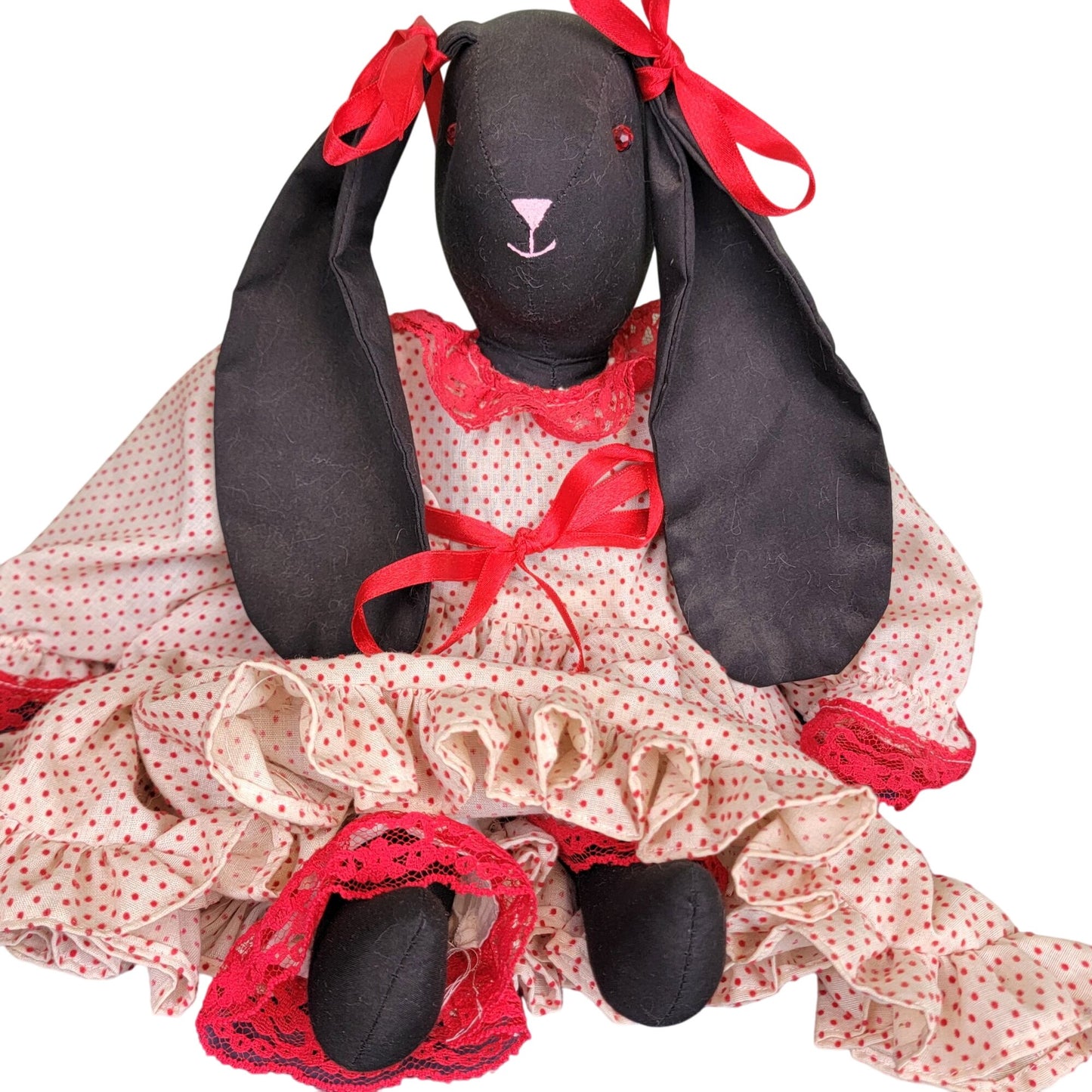 Vintage 80s Handmade Rabbit Stuffed Animal Red Black Ruffle
