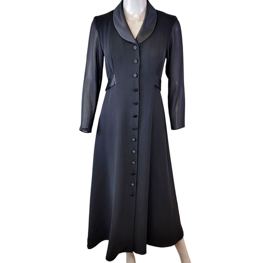 David Warren Vintage 80s Black Midi Dress Women 6 Satin Collar Formal Party Fall Halloween Gothic
